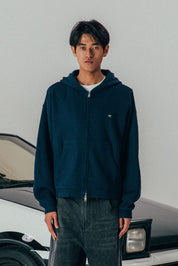 Ribbed Knit Hoodie - Navy