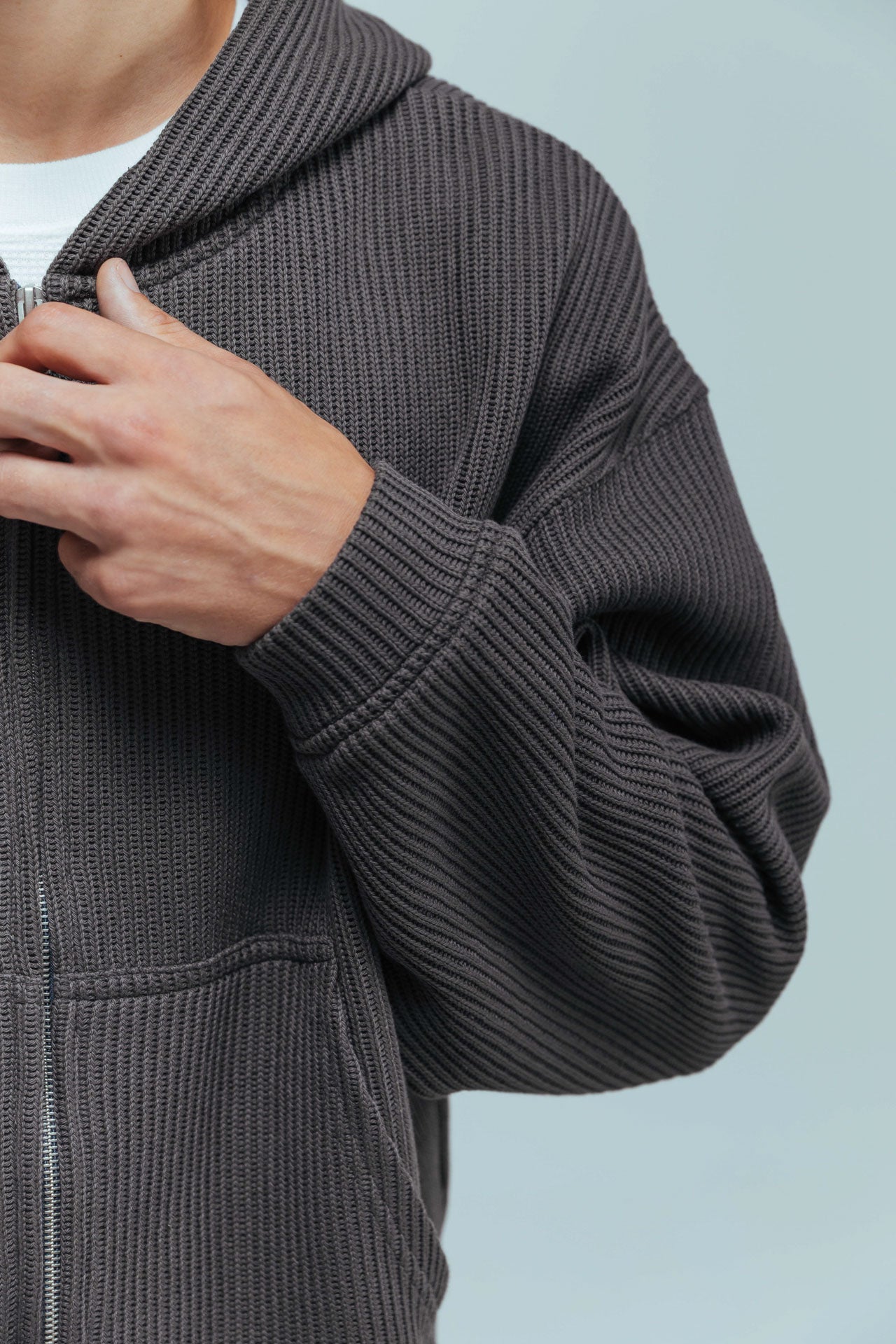 Ribbed Knit Hoodie - Grey
