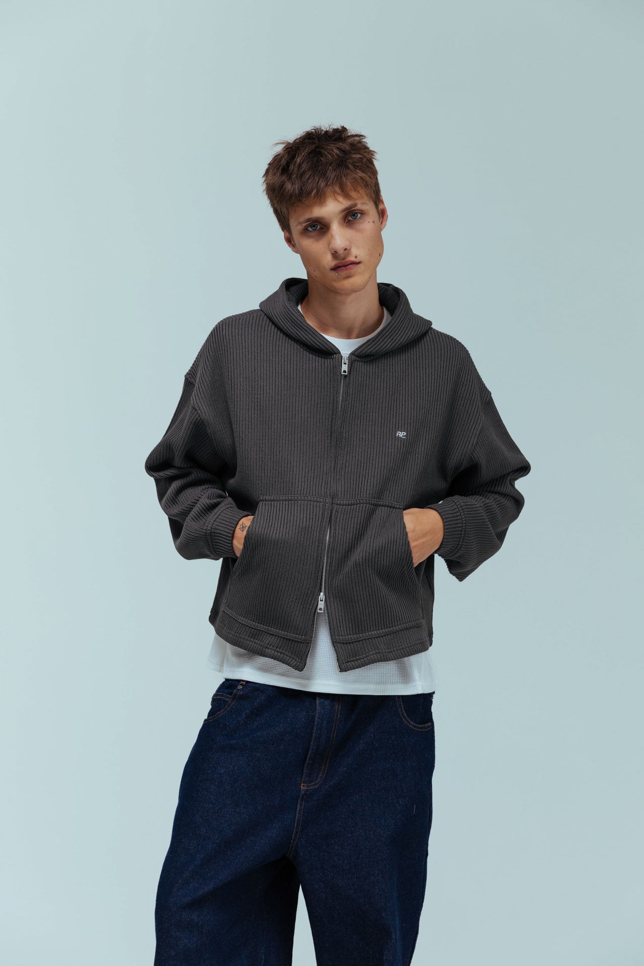Ribbed Knit Hoodie - Grey