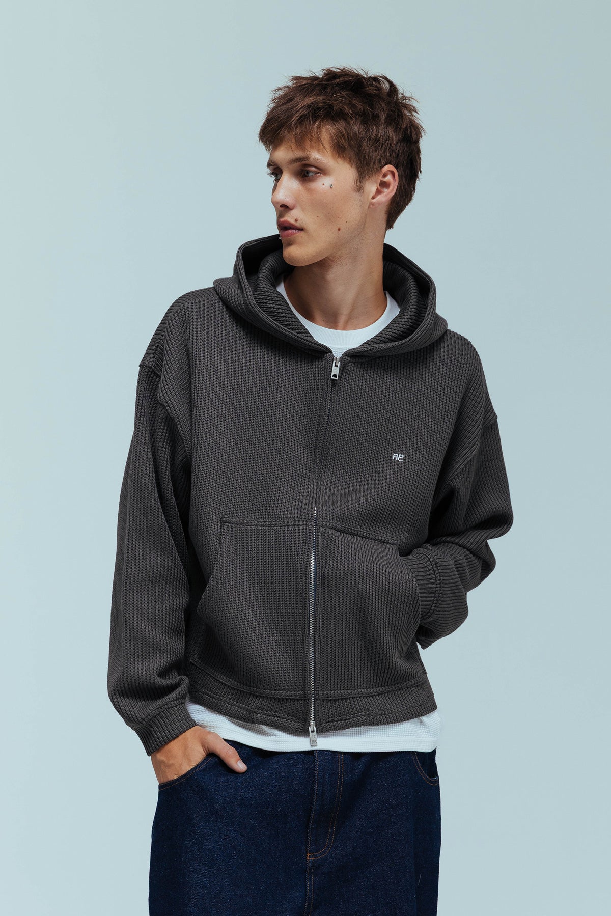 Ribbed Knit Hoodie - Grey