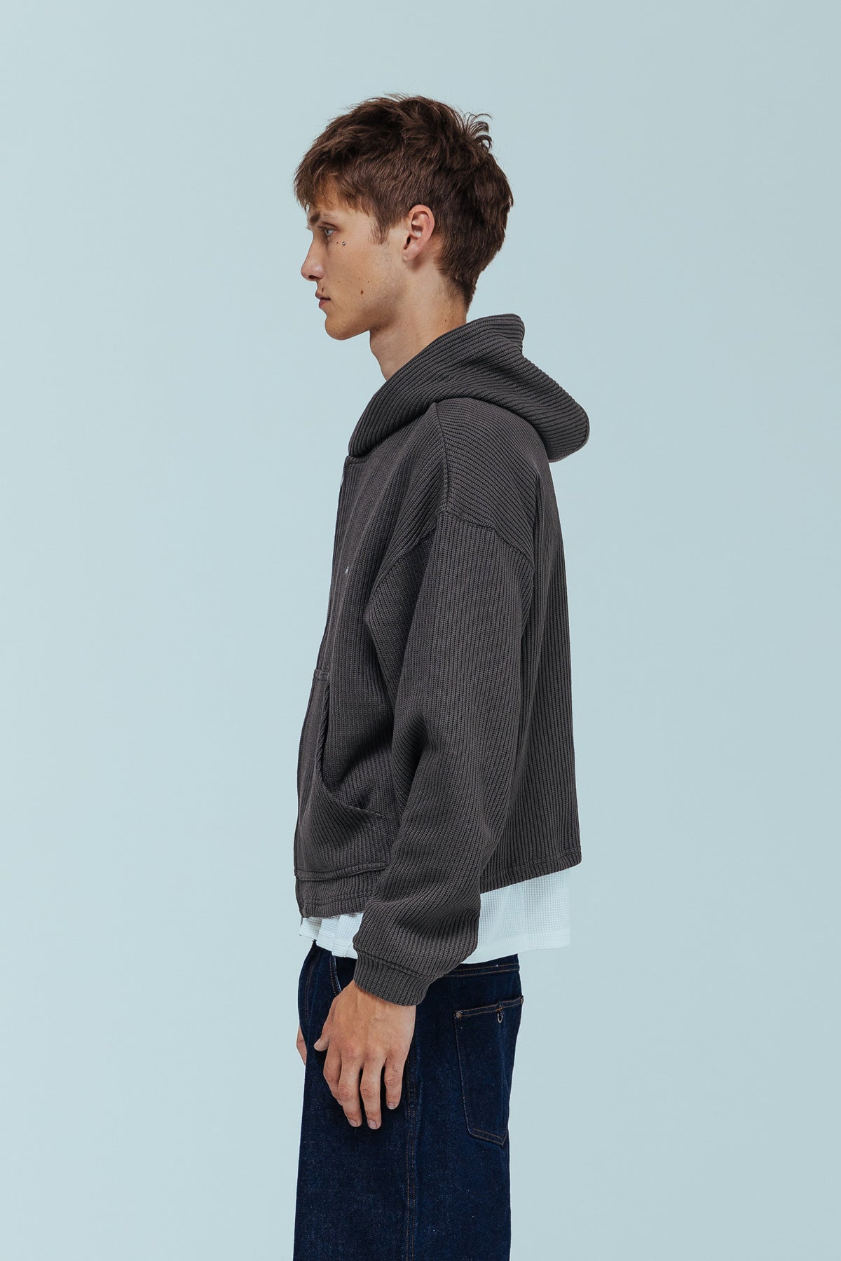 Ribbed Knit Hoodie - Grey